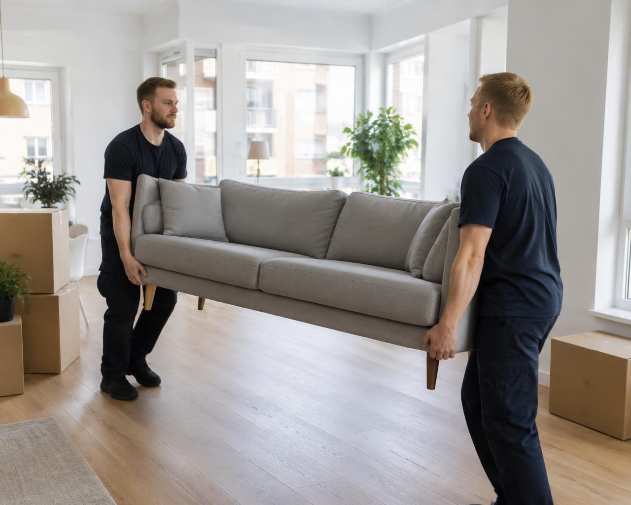 Två flyttare bär en soffa i en ljus lägenhet